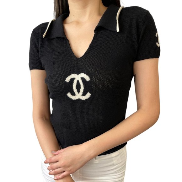 CHANEL Tops - CHANEL Vintage 01C CC Logo Knit Polo Top #36 Short Sleeve Black [100382]